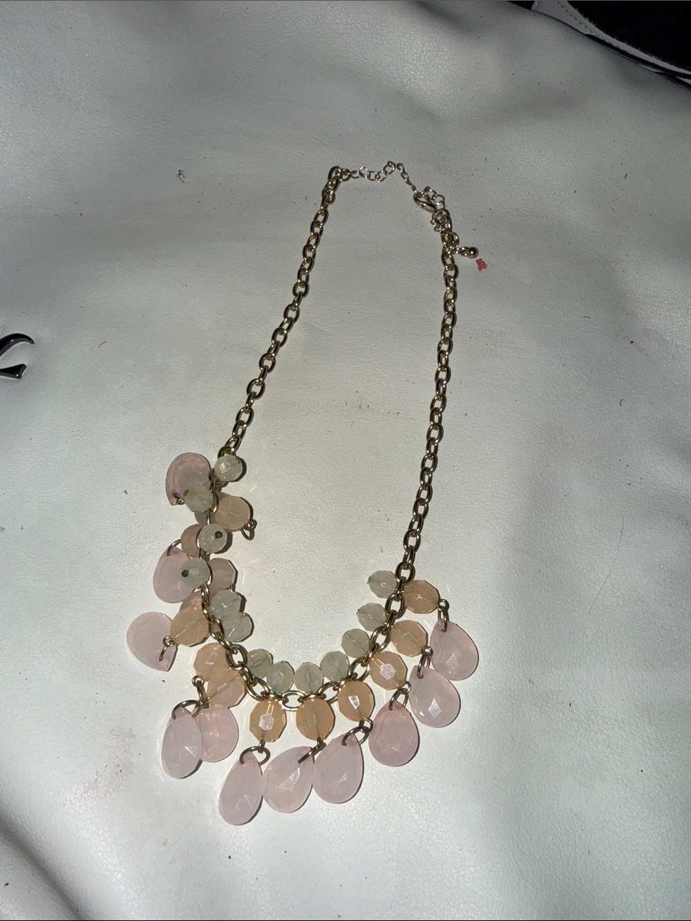 Gold Chain Necklace with Pink Teardrop and Pale Bead Accents